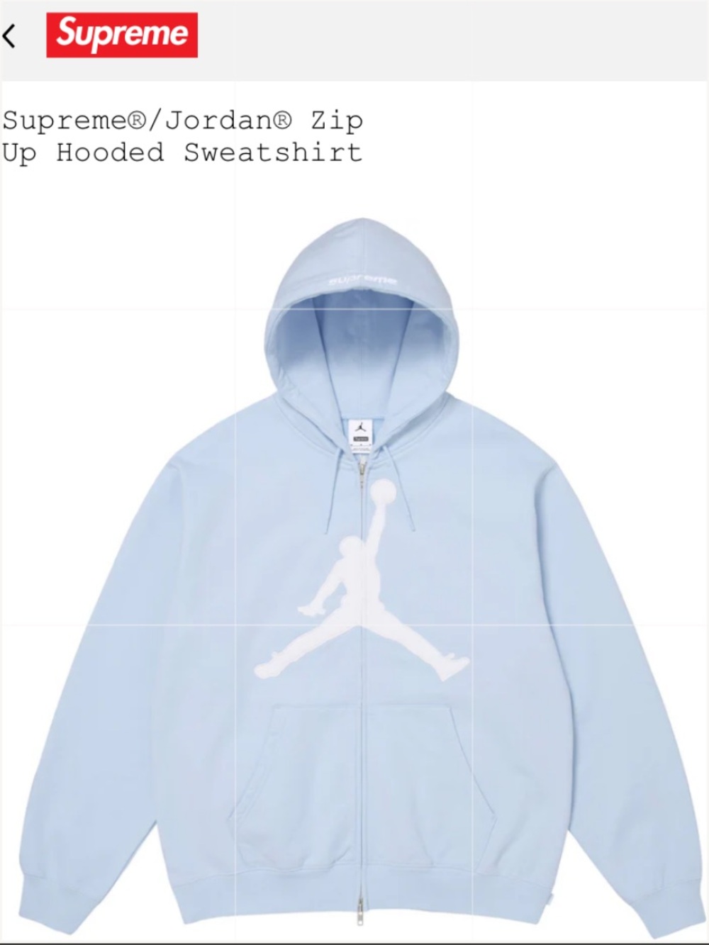 Supreme / Jordan Zip Up Hooded Sweatshirt “Light Blue” XL